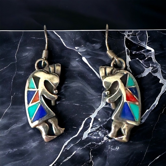Signed AX 960 Zuni Native American Sterling Kokopelli  Inlay Gemstones Earrings - Picture 1 of 16
